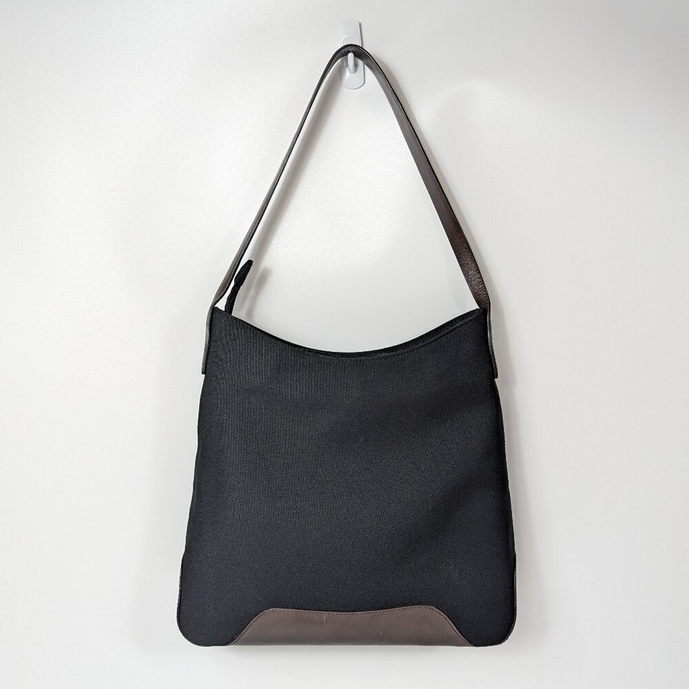 Hobo International Black Nylon Canvas Shoulder Bag Purse Brown Leather Detail